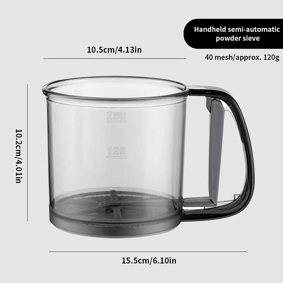 Kitchen baking, cake flour sieve, 40 mesh semi-automatic filter sieve, flour sieve with capacity scale