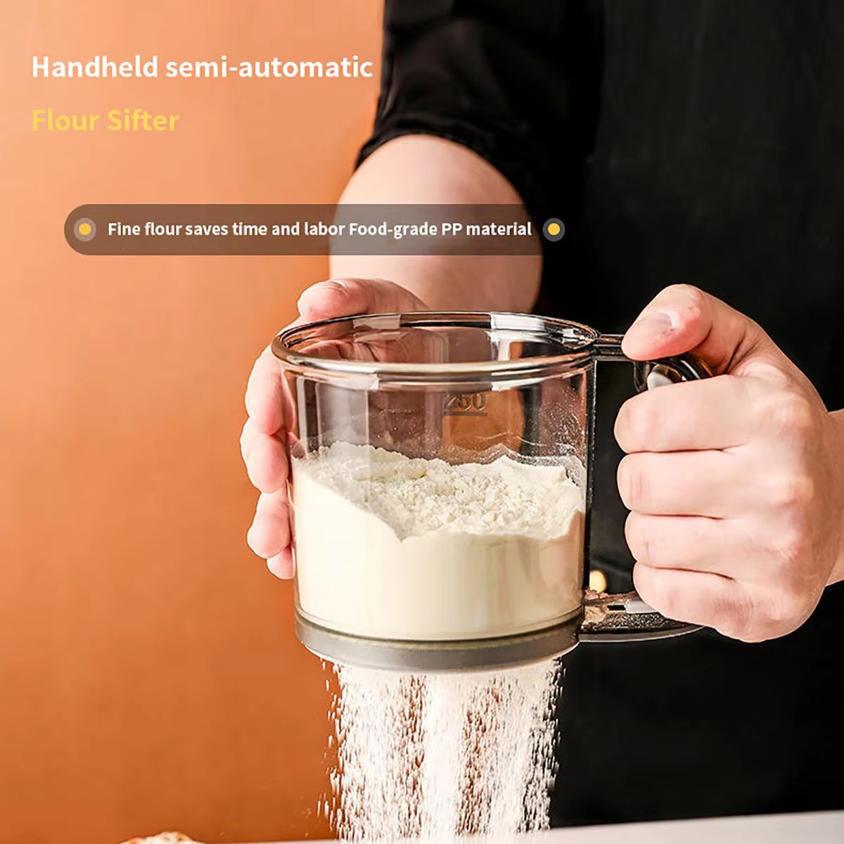 Kitchen baking, cake flour sieve, 40 mesh semi-automatic filter sieve, flour sieve with capacity scale
