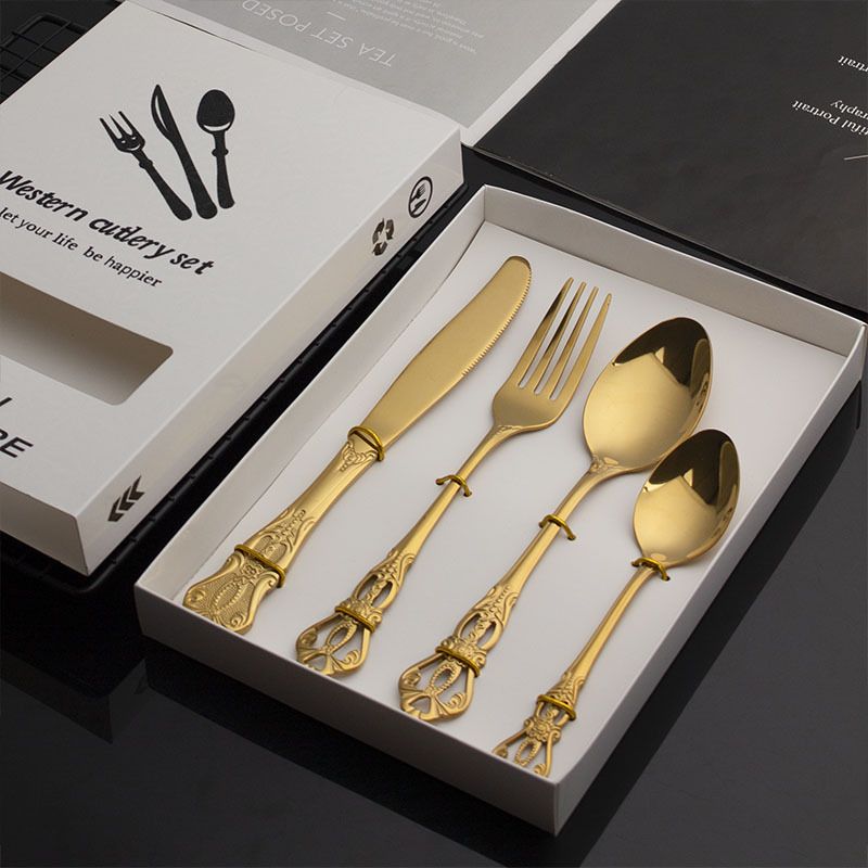 4Pcs Gold Dinnerware Set Vintage Stainless Steel Tableware Dinner Knife Fork Dessert Spoon Cutlery Set Kitchen Flatware