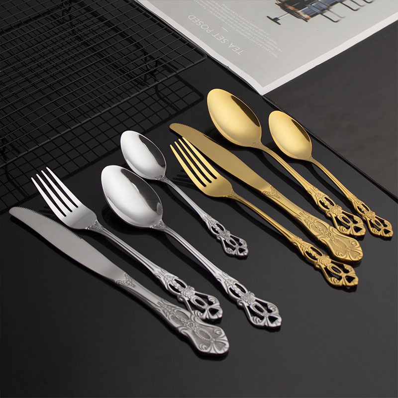 4Pcs Gold Dinnerware Set Vintage Stainless Steel Tableware Dinner Knife Fork Dessert Spoon Cutlery Set Kitchen Flatware