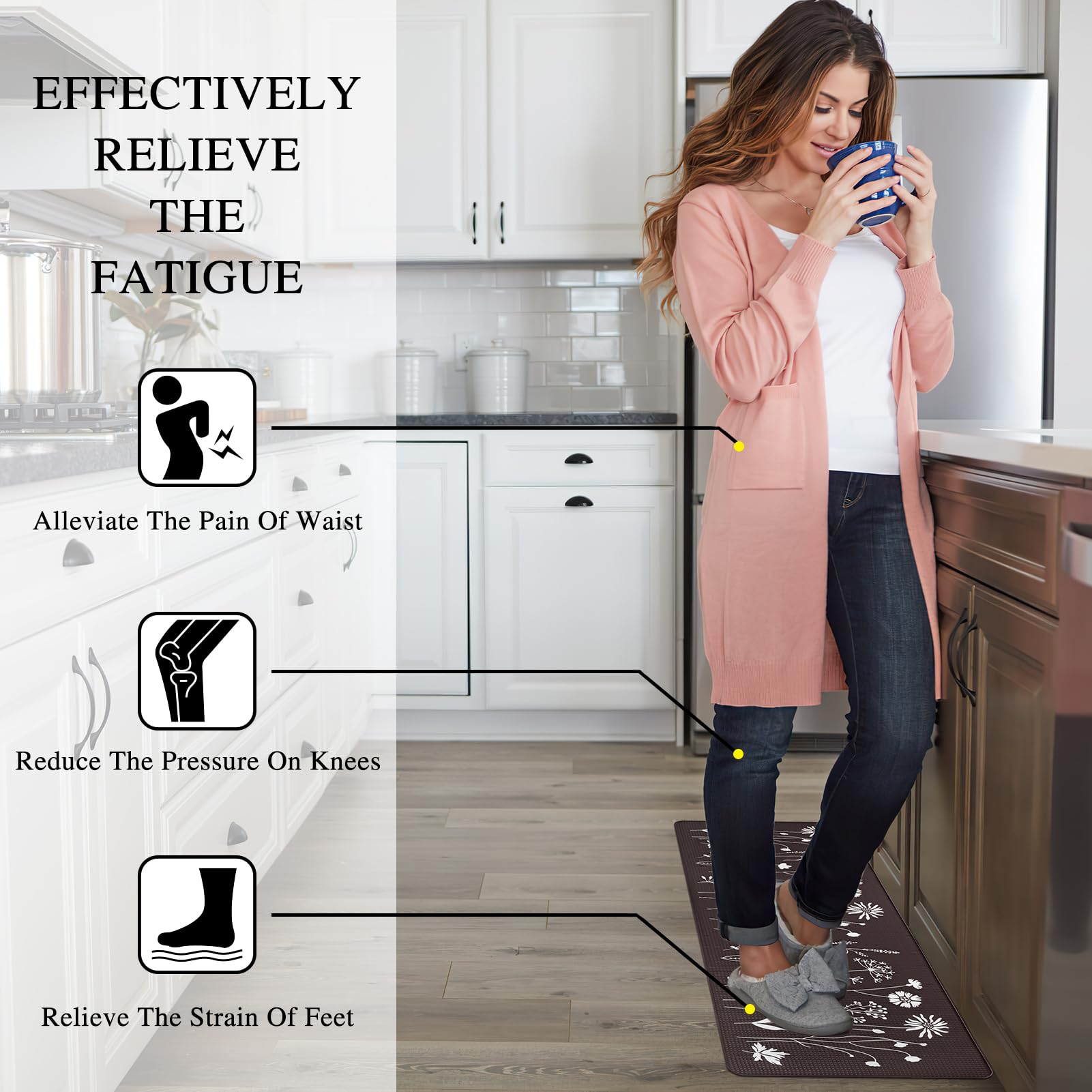 2 Pcs Kitchen Mat for Floor, Cushioned Anti-Fatigue Kitchen Mats, PVC Non-Slip Waterproof Kitchen Rugs Set for Kitchen, Office, Sink, 17"x47"+17"x29" (Dark Brown)