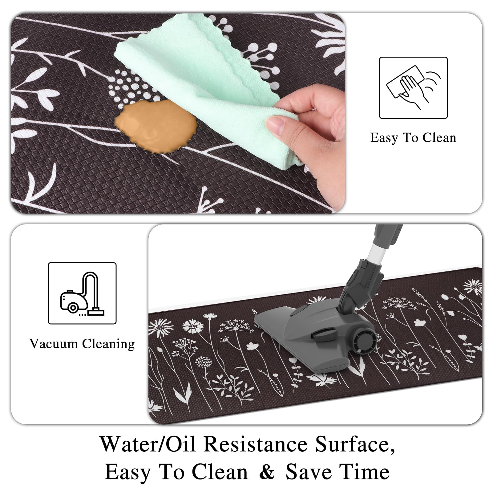 2 Pcs Kitchen Mat for Floor, Cushioned Anti-Fatigue Kitchen Mats, PVC Non-Slip Waterproof Kitchen Rugs Set for Kitchen, Office, Sink, 17"x47"+17"x29" (Dark Brown)