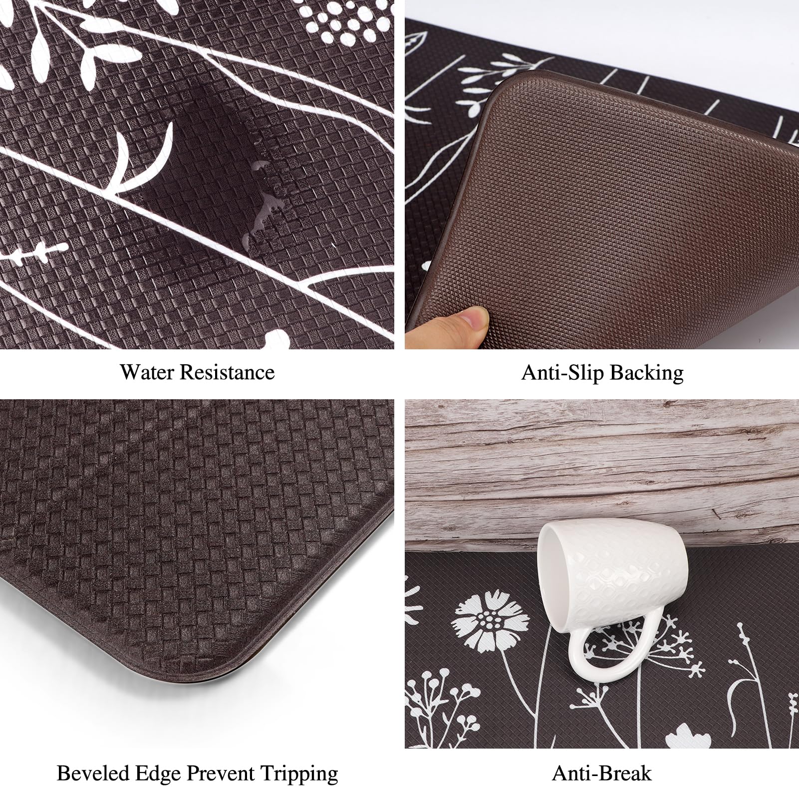 2 Pcs Kitchen Mat for Floor, Cushioned Anti-Fatigue Kitchen Mats, PVC Non-Slip Waterproof Kitchen Rugs Set for Kitchen, Office, Sink, 17"x47"+17"x29" (Dark Brown)