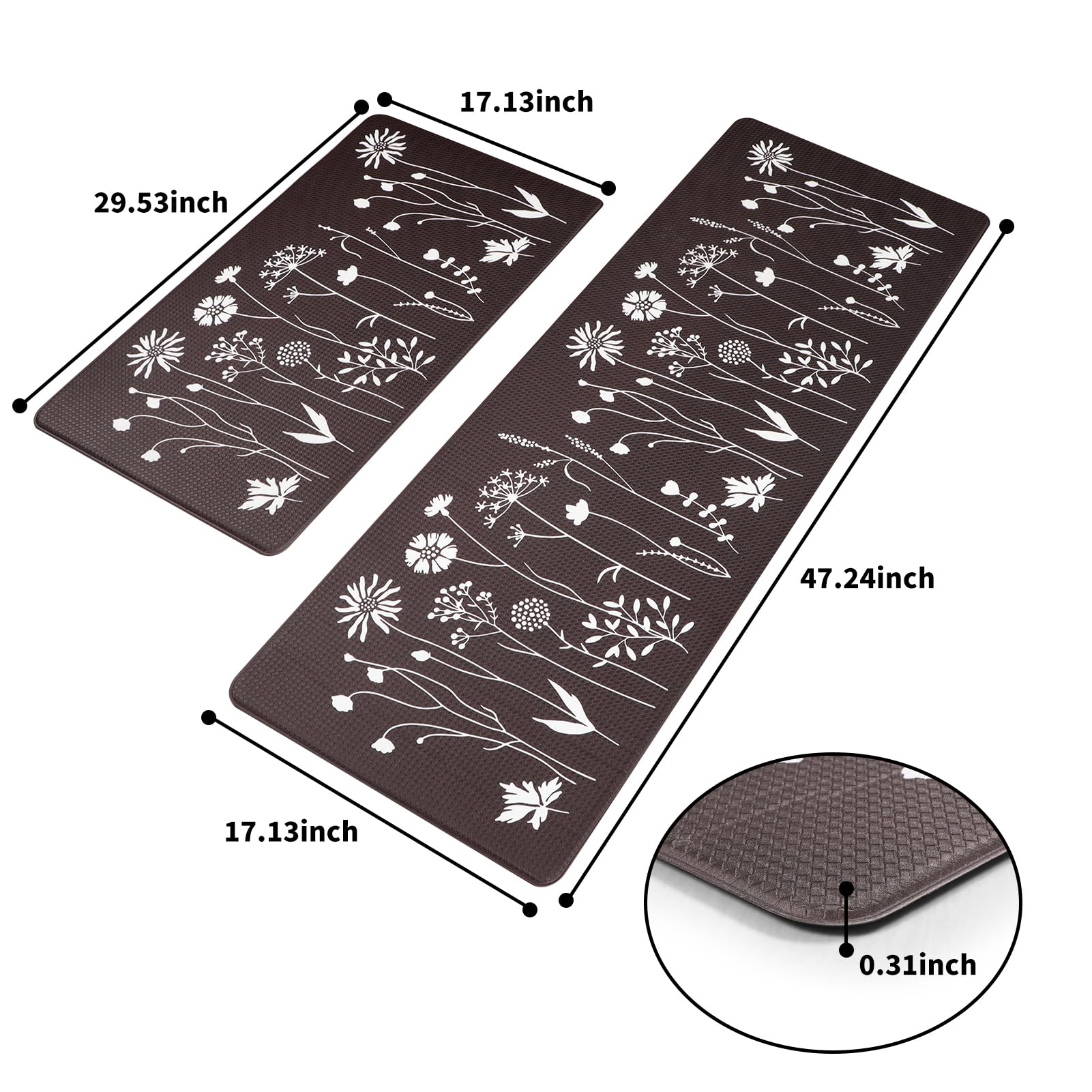 2 Pcs Kitchen Mat for Floor, Cushioned Anti-Fatigue Kitchen Mats, PVC Non-Slip Waterproof Kitchen Rugs Set for Kitchen, Office, Sink, 17"x47"+17"x29" (Dark Brown)