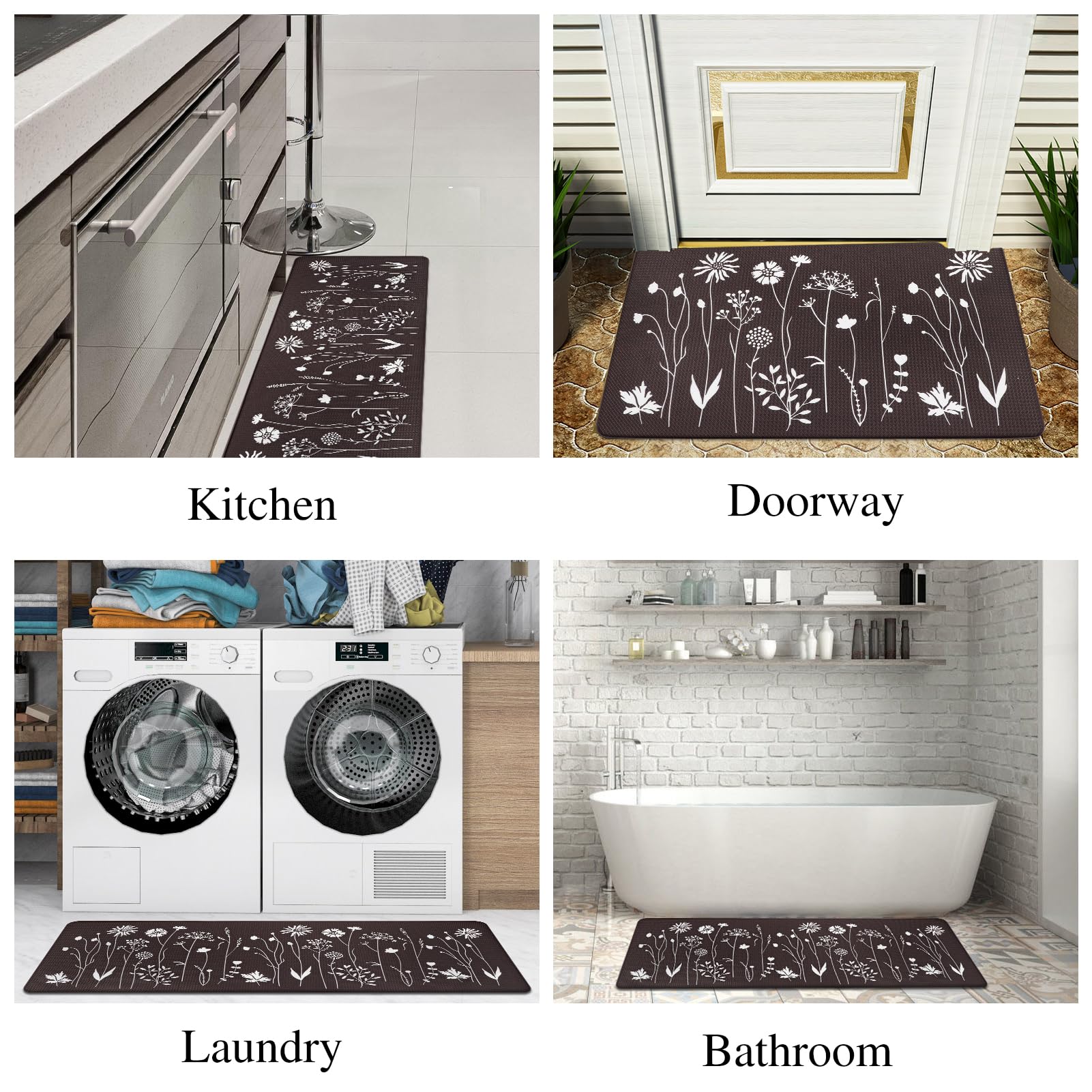 2 Pcs Kitchen Mat for Floor, Cushioned Anti-Fatigue Kitchen Mats, PVC Non-Slip Waterproof Kitchen Rugs Set for Kitchen, Office, Sink, 17"x47"+17"x29" (Dark Brown)