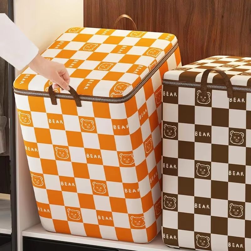 Portable Large Capacity Quilt Storage Bag Cute Bear Plaid Pattern Clothes Organizer Perfect Home Moving Storage Bag