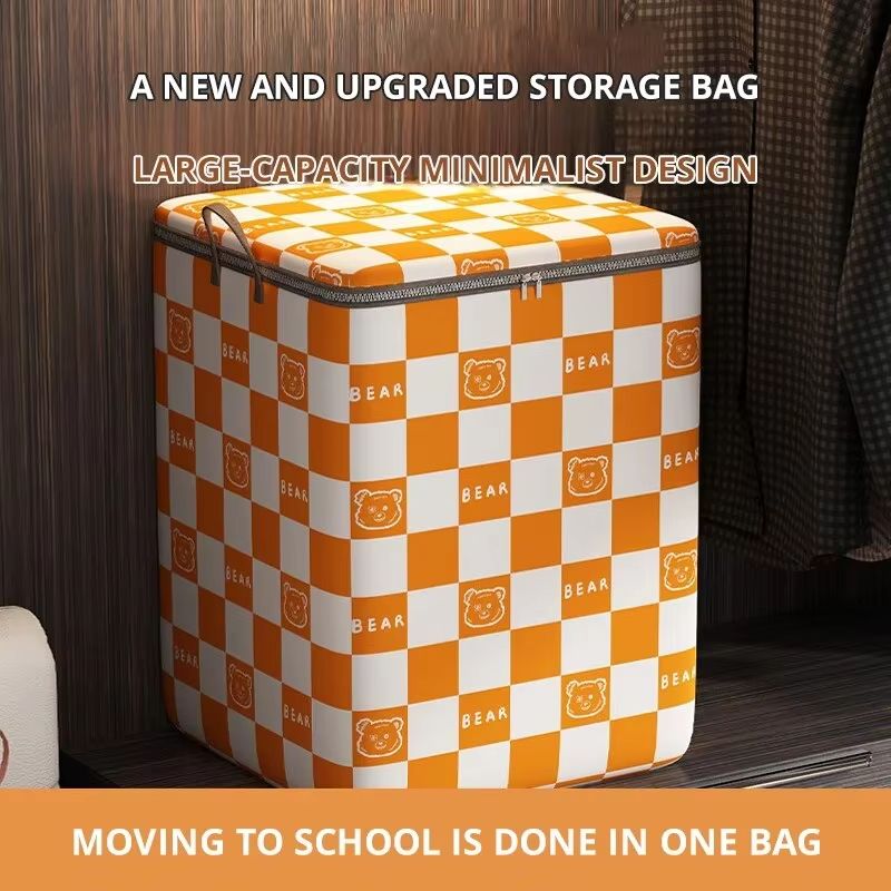 Portable Large Capacity Quilt Storage Bag Cute Bear Plaid Pattern Clothes Organizer Perfect Home Moving Storage Bag