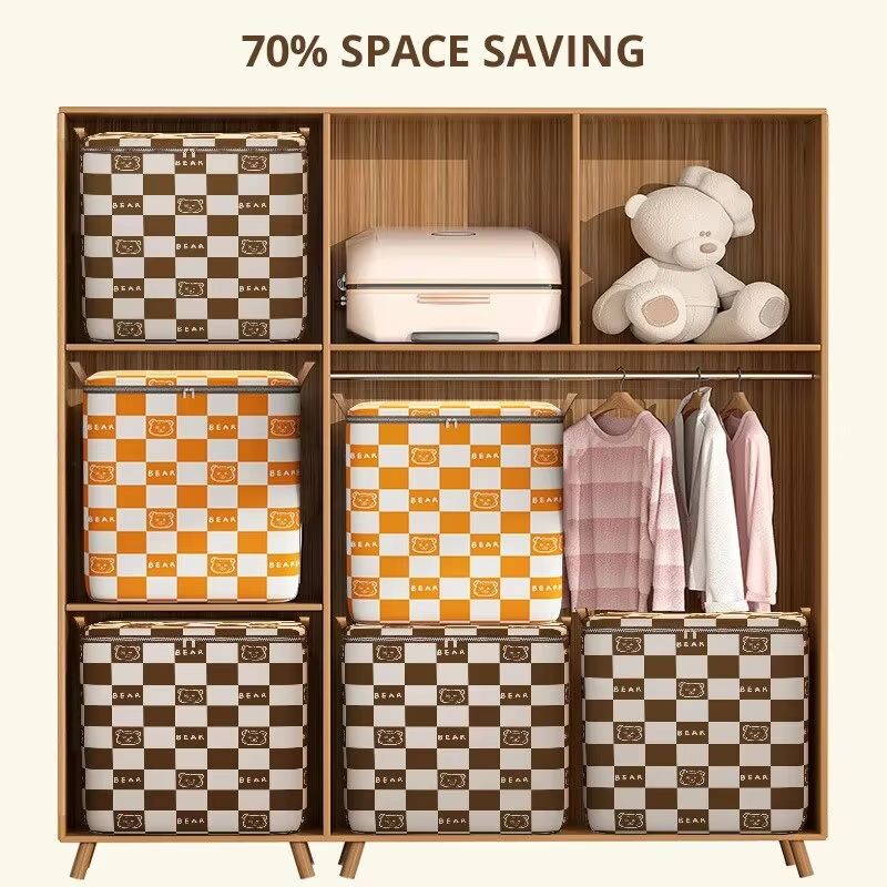 Portable Large Capacity Quilt Storage Bag Cute Bear Plaid Pattern Clothes Organizer Perfect Home Moving Storage Bag