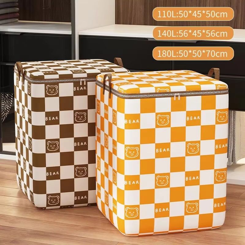 Portable Large Capacity Quilt Storage Bag Cute Bear Plaid Pattern Clothes Organizer Perfect Home Moving Storage Bag