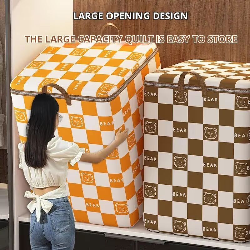 Portable Large Capacity Quilt Storage Bag Cute Bear Plaid Pattern Clothes Organizer Perfect Home Moving Storage Bag