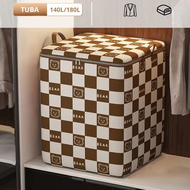 Portable Large Capacity Quilt Storage Bag Cute Bear Plaid Pattern Clothes Organizer Perfect Home Moving Storage Bag