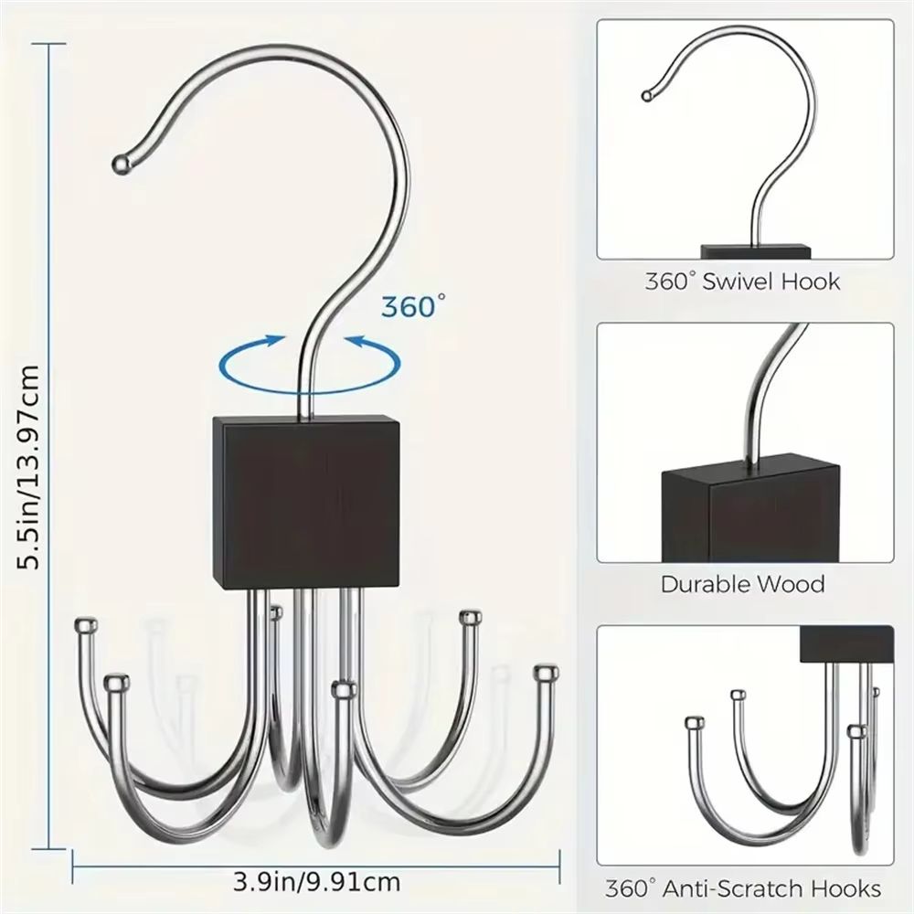 360° Rotating Storage Hanger Hook Multi-Claw Bag Metal Belts Rack Wooden Organizer For Bras Ties Scarves Household Closet Acces