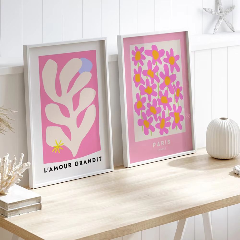 202408WYJ1559 Pink Flower Letter Posters Canvas Painting Modern Love Heart Round Shape Pictures Prints Wall Art for Living Room Decor Unframed