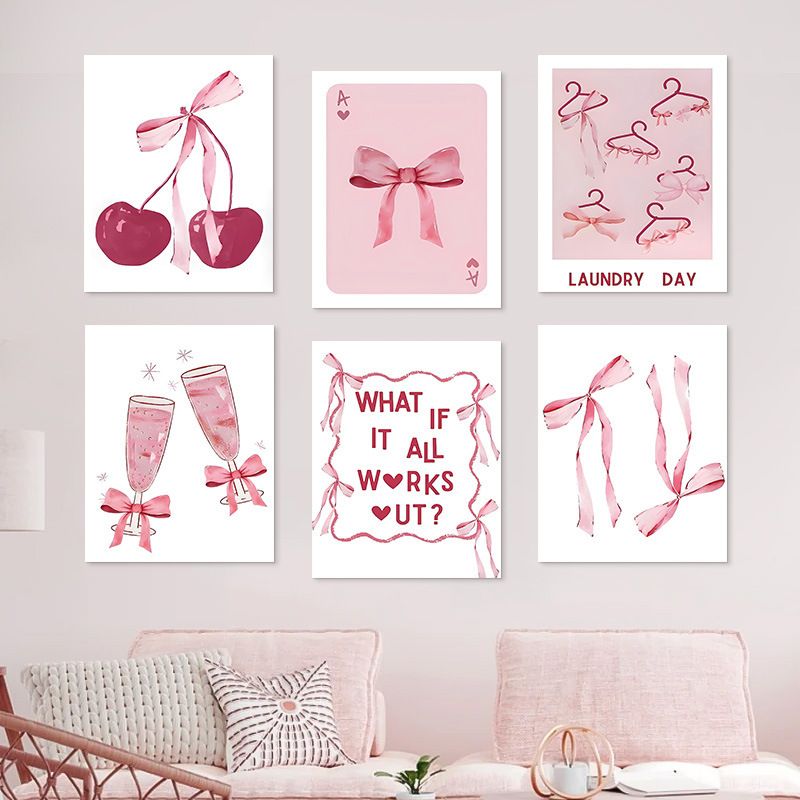 202411WYJ1709 Romantic pink bow cherry wine glass bedroom living room canvas painting decorative painting Canvas Painting Picture Aesthetics Room Decor