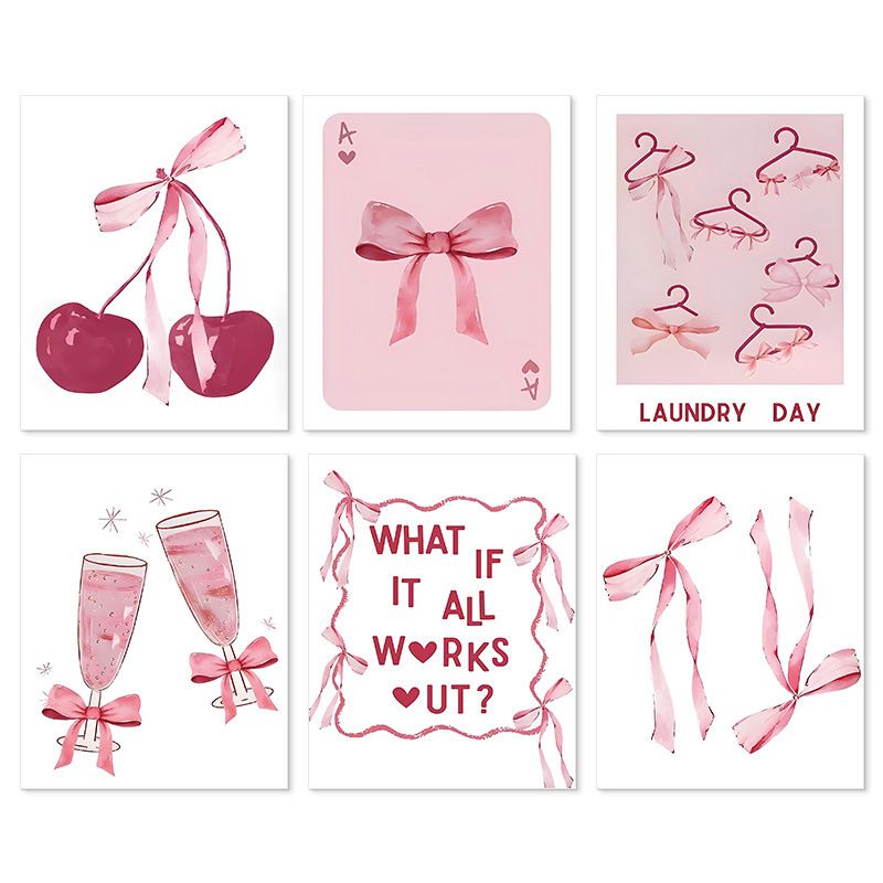 202411WYJ1709 Romantic pink bow cherry wine glass bedroom living room canvas painting decorative painting Canvas Painting Picture Aesthetics Room Decor