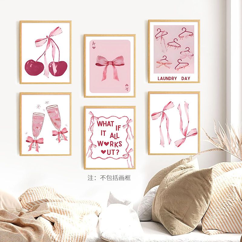 202411WYJ1709 Romantic pink bow cherry wine glass bedroom living room canvas painting decorative painting Canvas Painting Picture Aesthetics Room Decor