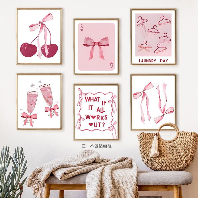 202411WYJ1709 Romantic pink bow cherry wine glass bedroom living room canvas painting decorative painting Canvas Painting Picture Aesthetics Room Decor