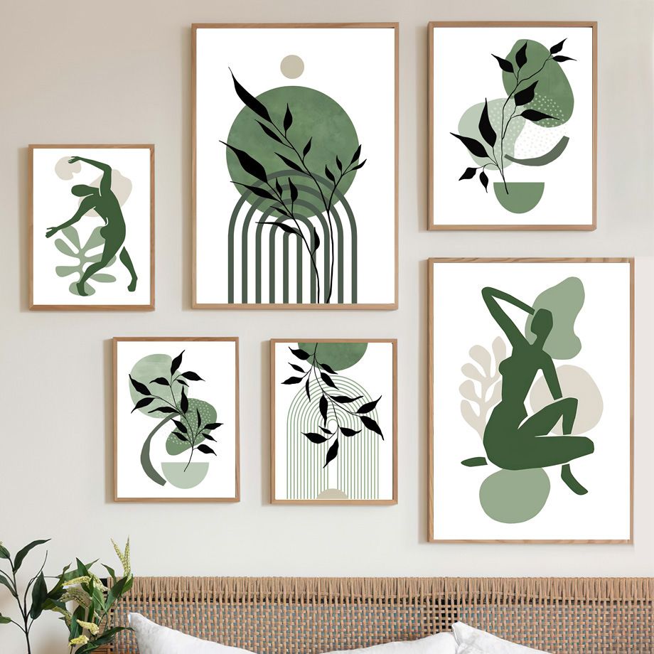 202307WYJ821 Abstract Boho Canvas Painting Green Leaves Sun Rainbow Girl Nordic Wall Art Indoor Pictures Posters Prints For Living Room Decor