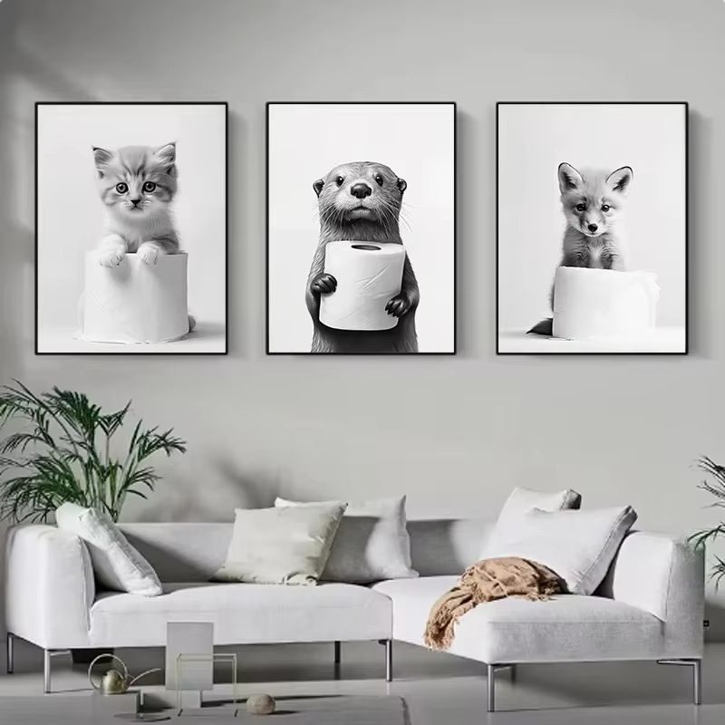 202502WYJ1844 Black and White Cute Animals and Toilet Paper Art Posters Prints Lion Dogs Elephants Canvas Paintings Bathroom Wall Decoration