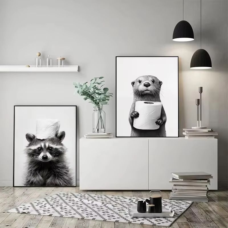202502WYJ1844 Black and White Cute Animals and Toilet Paper Art Posters Prints Lion Dogs Elephants Canvas Paintings Bathroom Wall Decoration