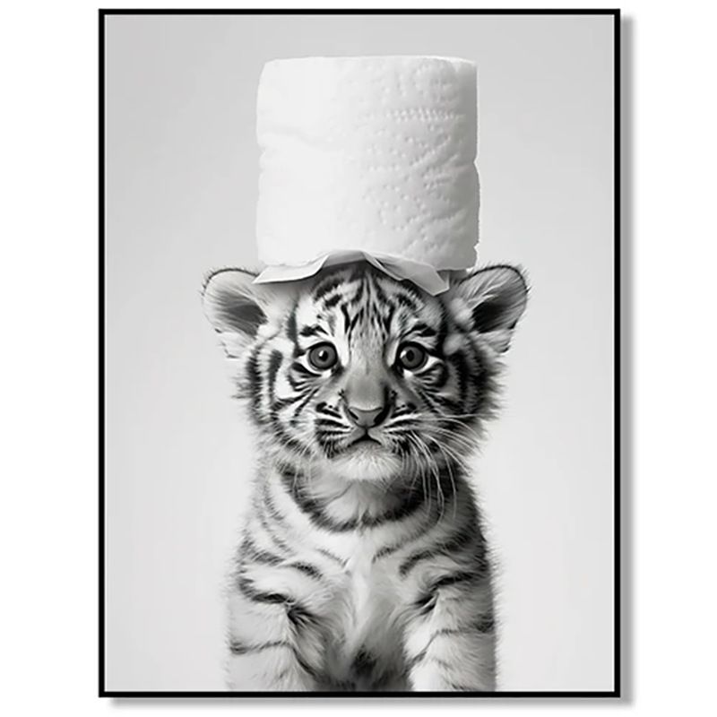 202502WYJ1844 Black and White Cute Animals and Toilet Paper Art Posters Prints Lion Dogs Elephants Canvas Paintings Bathroom Wall Decoration