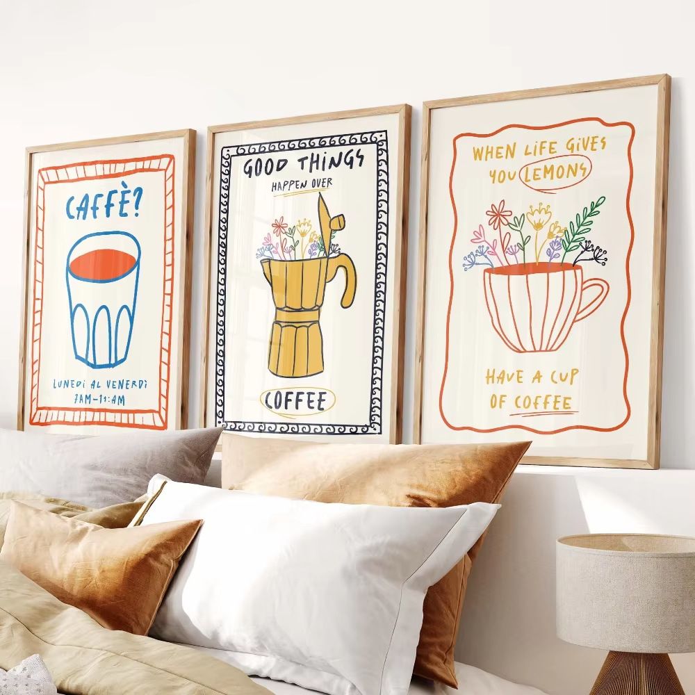 202502WYJ1855 Trendy Coffee Cheers Print Posters Retro Wine Pasta Night Food Canvas Print Painting Bar Cart Art Decor Maximalist Room Decor