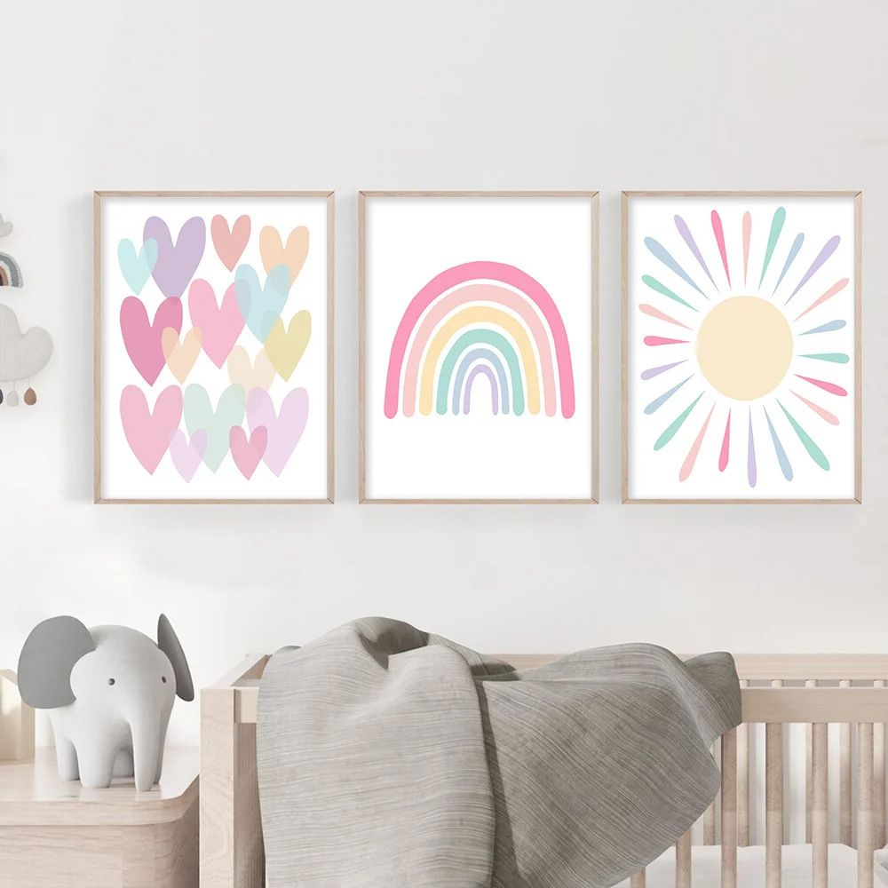 202401WYJ1061 Cartoon Pastel Sun Rainbow Heart Growth Quotes Wall Art Nordic Posters Pictures Kids Room Decor Canvas Painting Prints