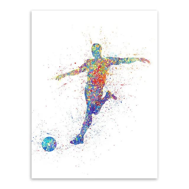 202406WYJ1334 Dynamic Watercolor Soccer Player Canvas Painting Abstract Sport Wall Art Print for Modern Man Bedroom Home Decor