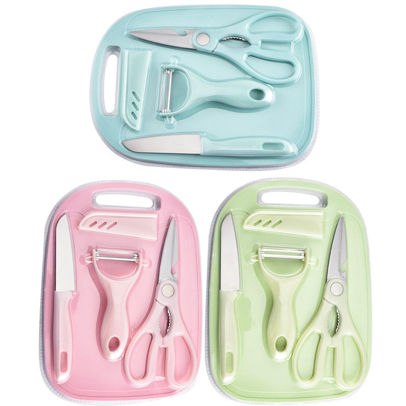 013# Multifunction 4PCS Set Kitchen Knives Cleaver Scissor Peeler Chopping Board Fruit Knife Slicing Meat Vegetable Fruit Cutter Tool
