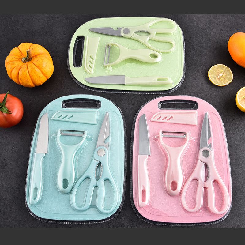 013# Multifunction 4PCS Set Kitchen Knives Cleaver Scissor Peeler Chopping Board Fruit Knife Slicing Meat Vegetable Fruit Cutter Tool