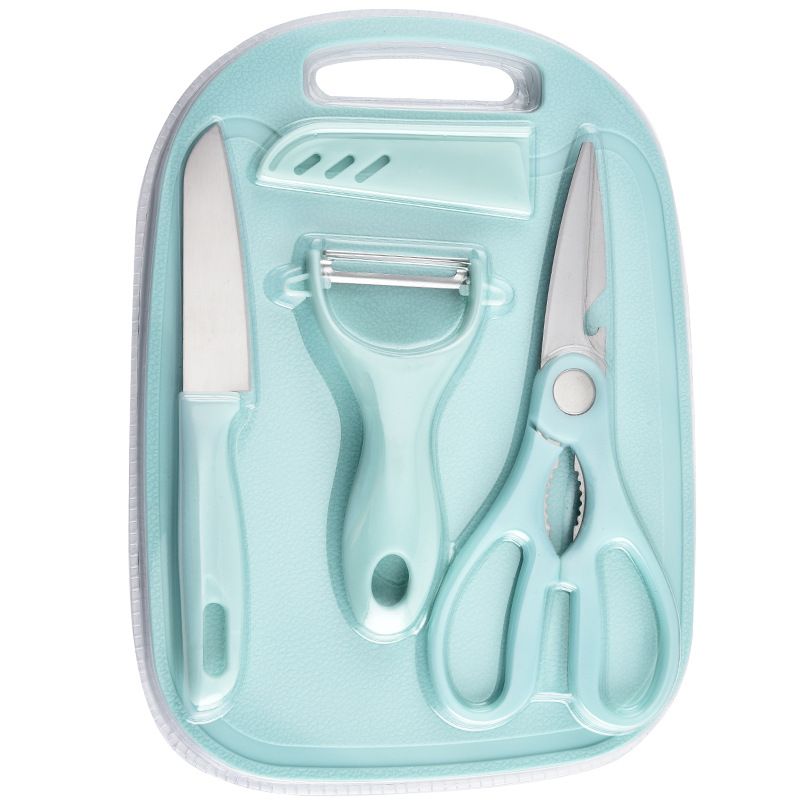 013# Multifunction 4PCS Set Kitchen Knives Cleaver Scissor Peeler Chopping Board Fruit Knife Slicing Meat Vegetable Fruit Cutter Tool