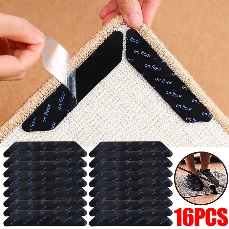 8/16 Pcs Rug Tape, Non Slip Rug Pads Grippers for Hardwood Floors and Tiles, Reusable Carpet Tape for Area Rugs, Double-Sided Adhesive Rug Stickers Keep Corners Flat