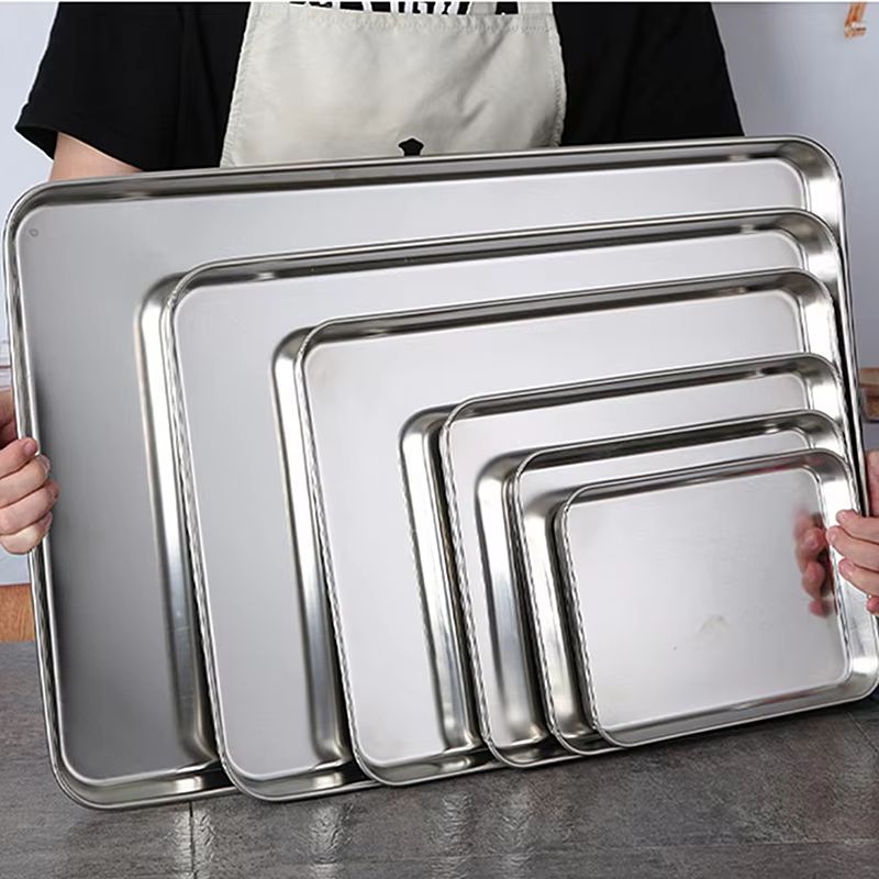Kitchen Rectangle Stainless Steel Food Storage Serving Trays Sausage Noodles Fruits Dish Restaurant Hotel Metal Dinnerware Plate