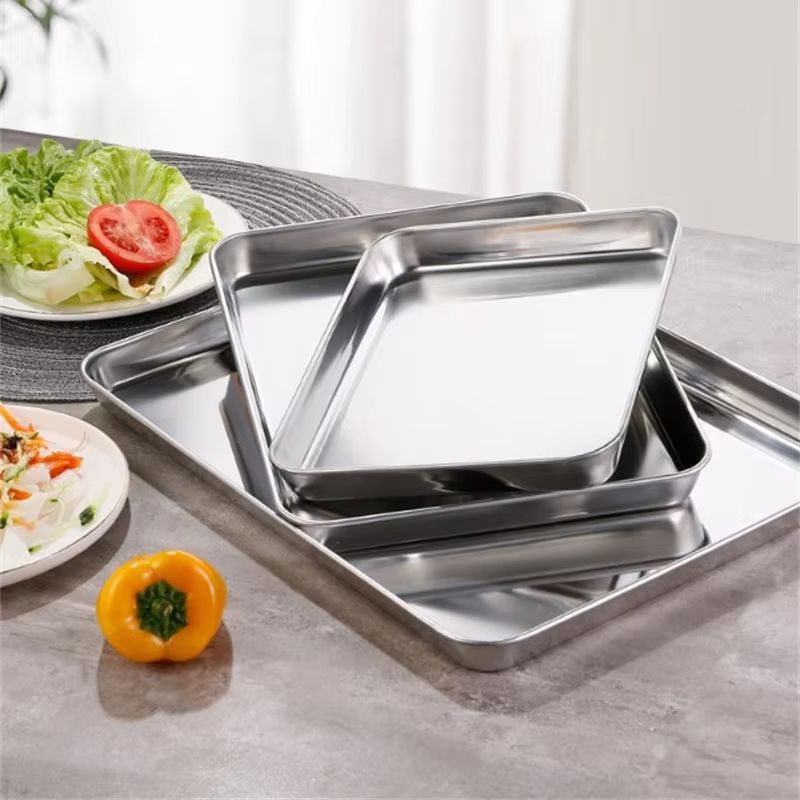 Kitchen Rectangle Stainless Steel Food Storage Serving Trays Sausage Noodles Fruits Dish Restaurant Hotel Metal Dinnerware Plate