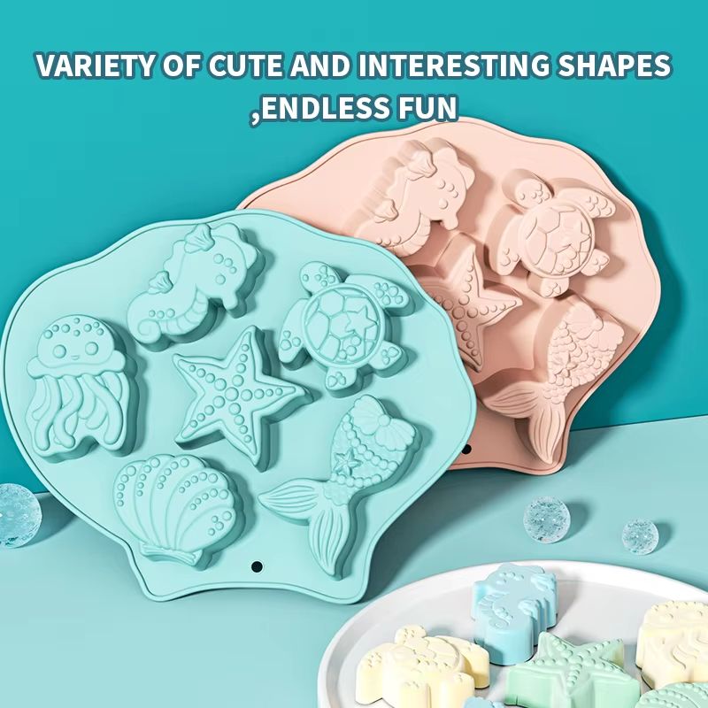 Ocean Fondant Silicone Mold Shell Mermaid Tail Seahorse Starfish Chocolate Mold Suitable for Mermaid Theme Cake Decoration Tools