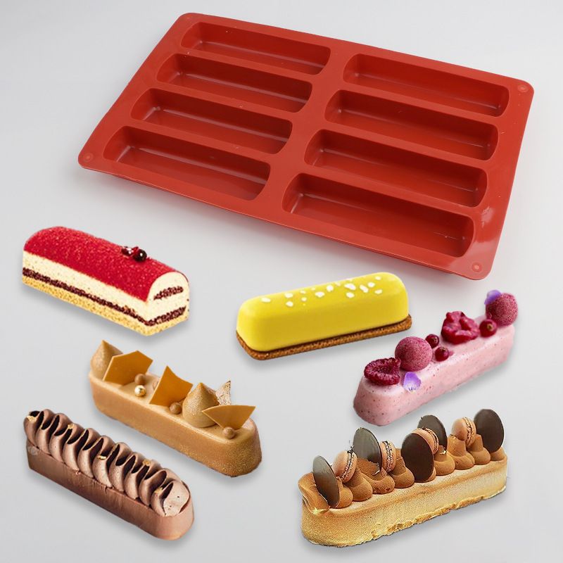 8 Cavity Silicone Cake Mold 3D Long Strip Silione Molds Mousse Cake Silicone Baking Molds French Dessert Chocolate Mold Bakeware