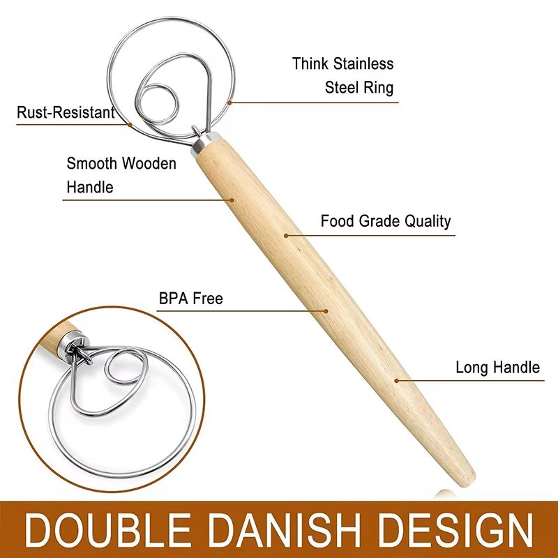 Large Hand Danish Dough Whisk Bread Mixer Stainless Steel Cake Pastry Dough Mixer Stick Egg Beater Kitchen Baking Blender Tools
