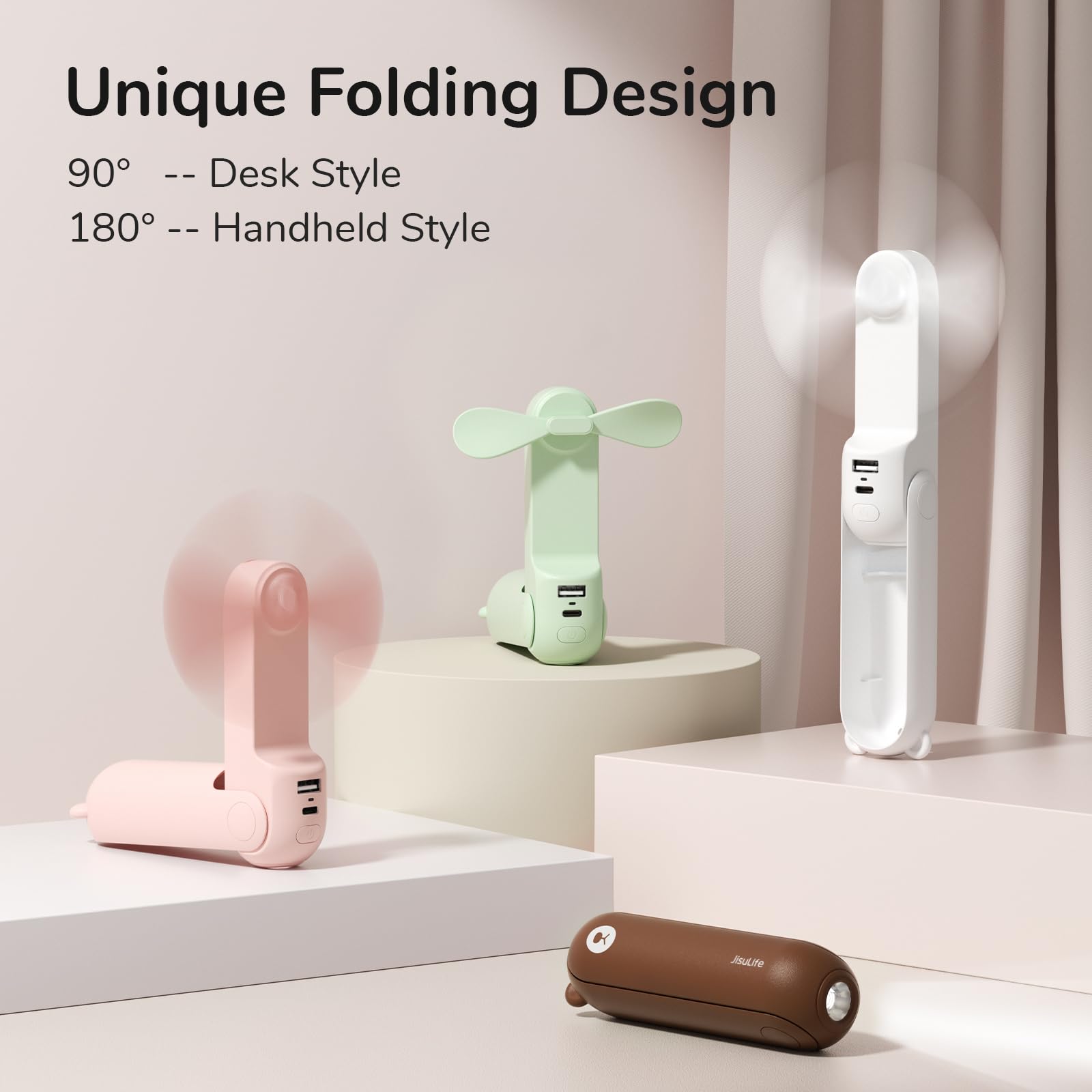 Handheld Mini Fan, 3 IN 1 USB Rechargeable Portable Fan [12-19 Working Hours] with Power Bank, Flashlight, Pocket Design for Travel/Summer/Concerts/Lash, Gifts for Women