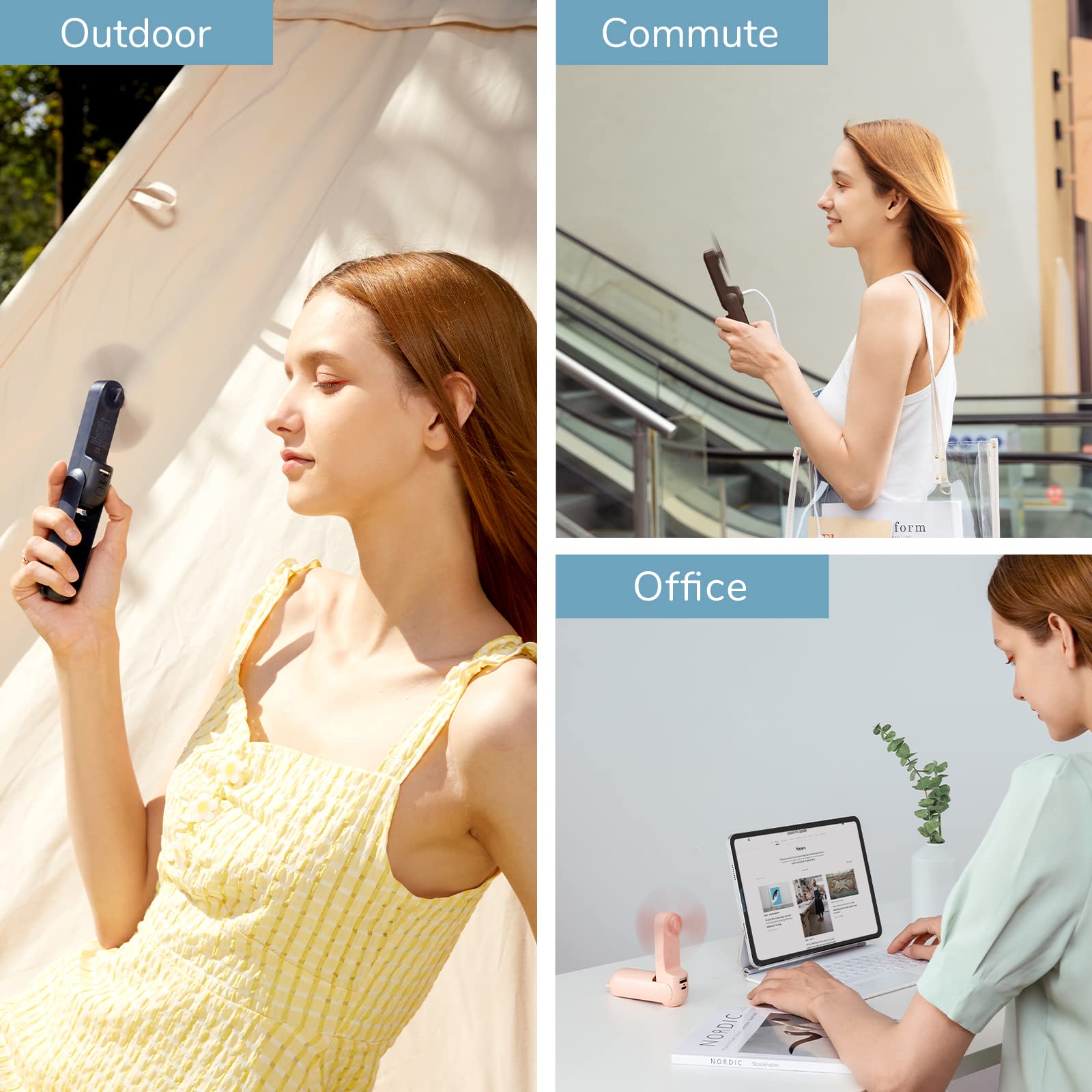 Handheld Mini Fan, 3 IN 1 USB Rechargeable Portable Fan [12-19 Working Hours] with Power Bank, Flashlight, Pocket Design for Travel/Summer/Concerts/Lash, Gifts for Women