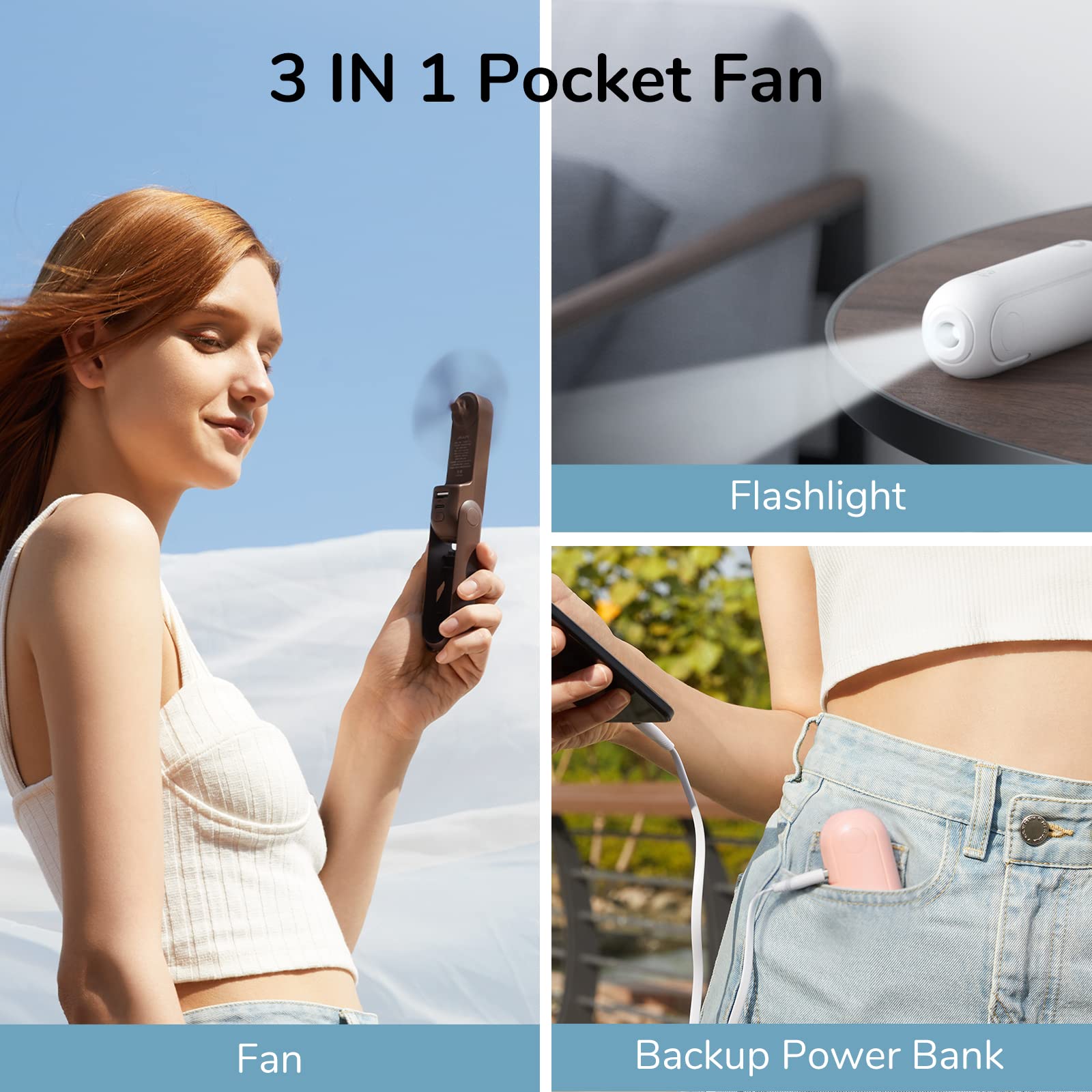Handheld Mini Fan, 3 IN 1 USB Rechargeable Portable Fan [12-19 Working Hours] with Power Bank, Flashlight, Pocket Design for Travel/Summer/Concerts/Lash, Gifts for Women