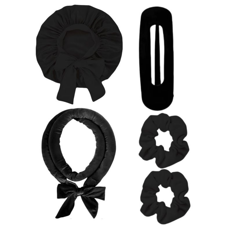 5pcs Non-Heat Curling Wands Lazy Bow Big Wave Hair Styling Tool Bath Cap Combination for Easy Bedhead Look Perfect Sleep Gift