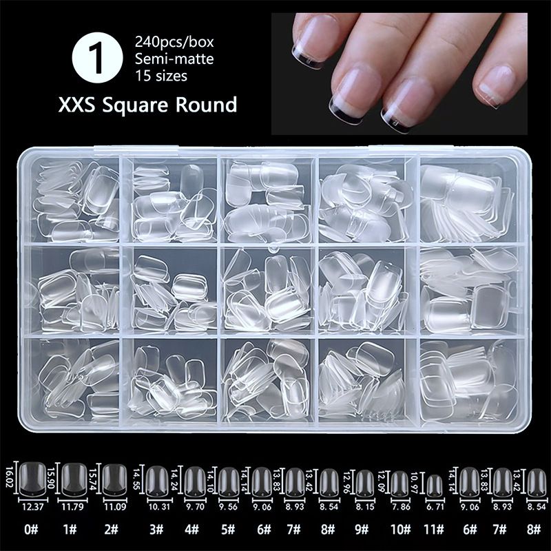 240Pcs XXS Extra Short Almond Coffin Nail Tips Half Matte Pre-Filed Soft Gel Full Cover Fake Nail for Small Average Nail Beds