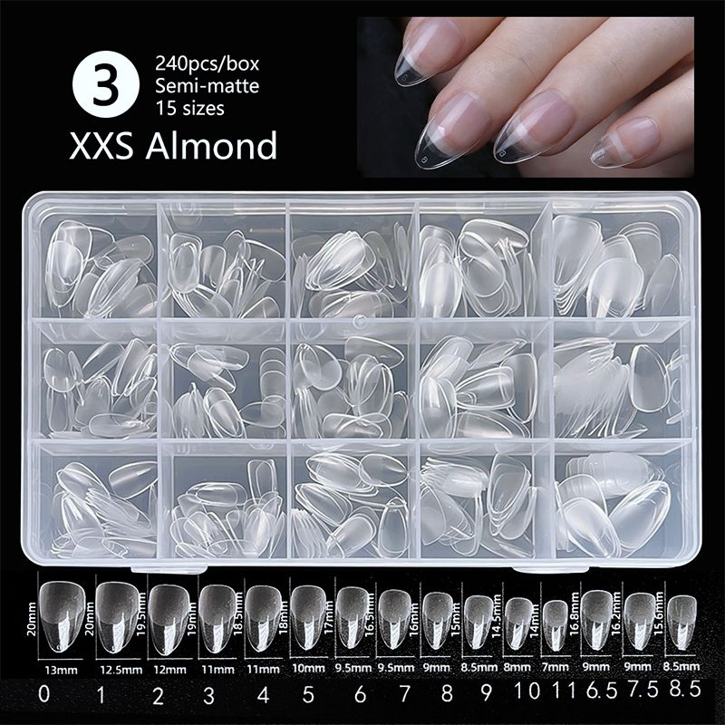 240Pcs XXS Extra Short Almond Coffin Nail Tips Half Matte Pre-Filed Soft Gel Full Cover Fake Nail for Small Average Nail Beds