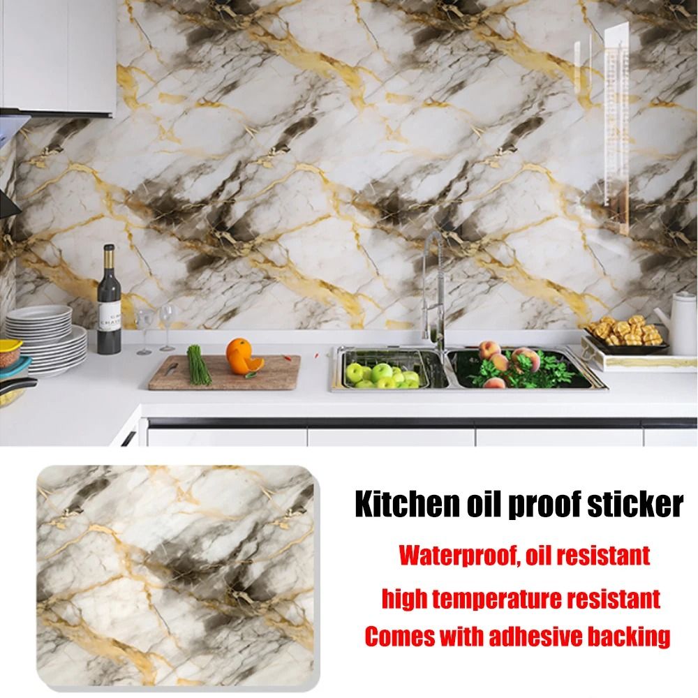 60cm Self-Adhesive Marble Film Oil-Proof Heat-Resistant Kitchen Wall Stickers for Cabinet Home Renovation Decorative Wallpaper