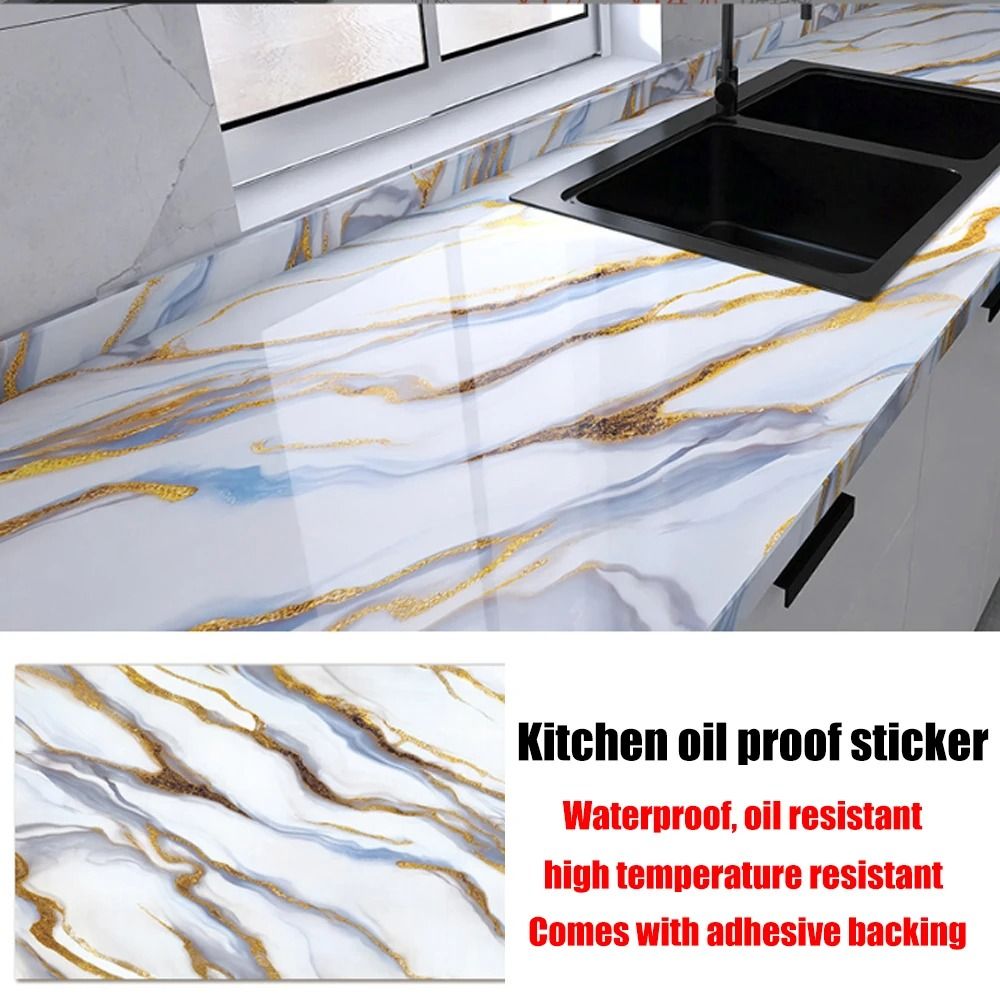 60cm Self-Adhesive Marble Film Oil-Proof Heat-Resistant Kitchen Wall Stickers for Cabinet Home Renovation Decorative Wallpaper