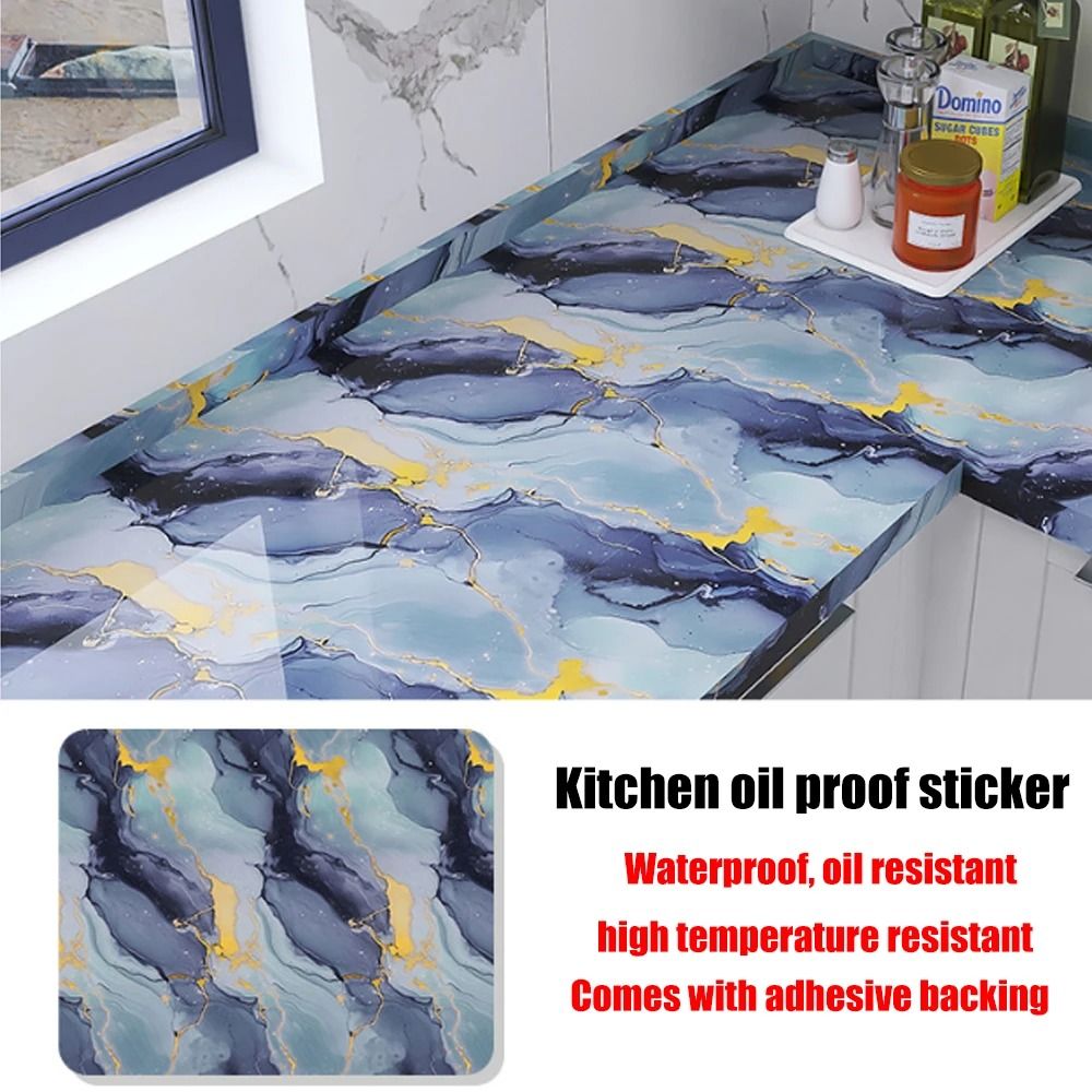 60cm Self-Adhesive Marble Film Oil-Proof Heat-Resistant Kitchen Wall Stickers for Cabinet Home Renovation Decorative Wallpaper
