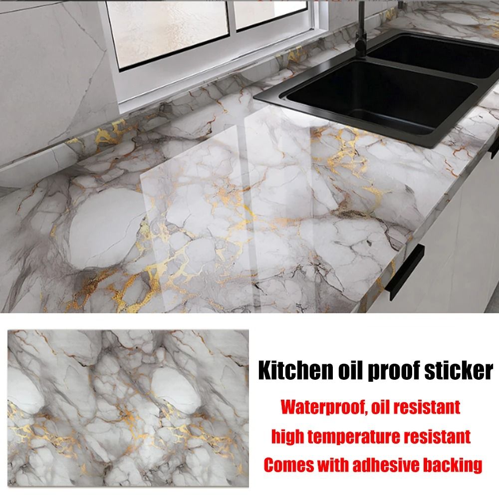 60cm Self-Adhesive Marble Film Oil-Proof Heat-Resistant Kitchen Wall Stickers for Cabinet Home Renovation Decorative Wallpaper