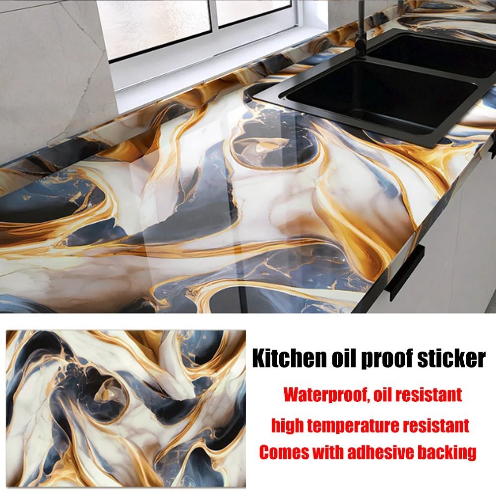 60cm Self-Adhesive Marble Film Oil-Proof Heat-Resistant Kitchen Wall Stickers for Cabinet Home Renovation Decorative Wallpaper