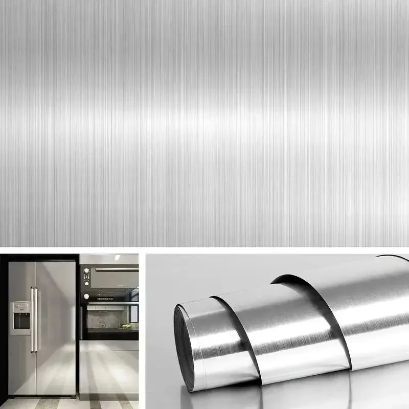 40cm*2m PVC Stainless Brushed Silver Removable Wallpaper Decor Film Vinyl Waterproof Oil-proof House Appliance Kitchen Elevator Sticker