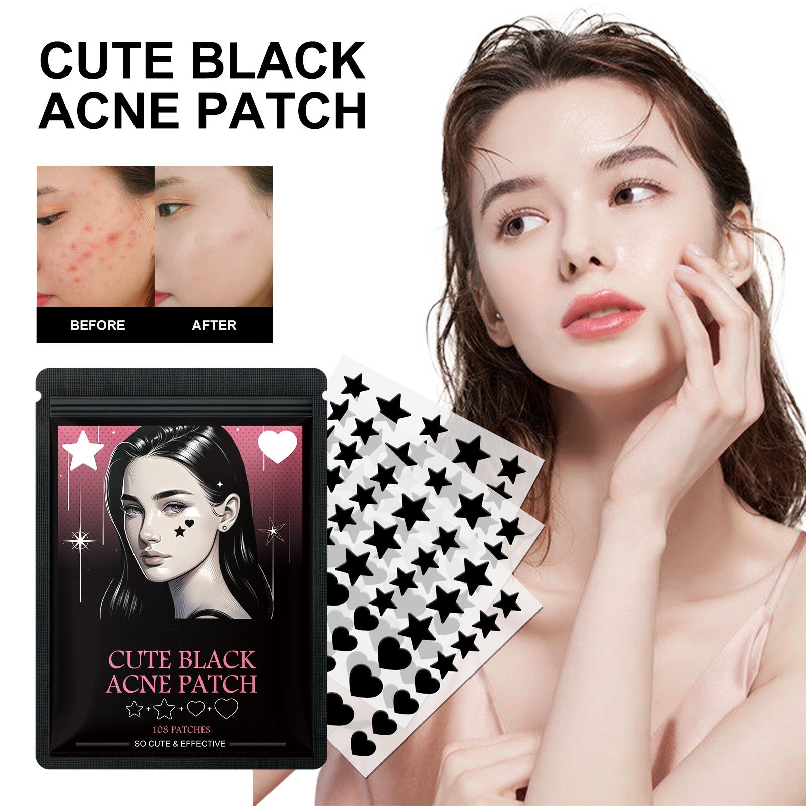 324pcs Patches Star Shape and Heart Shape Cute Black Acne Patch Repair Facial Fade Acne Pimples Closed Heads Remove Blackheads